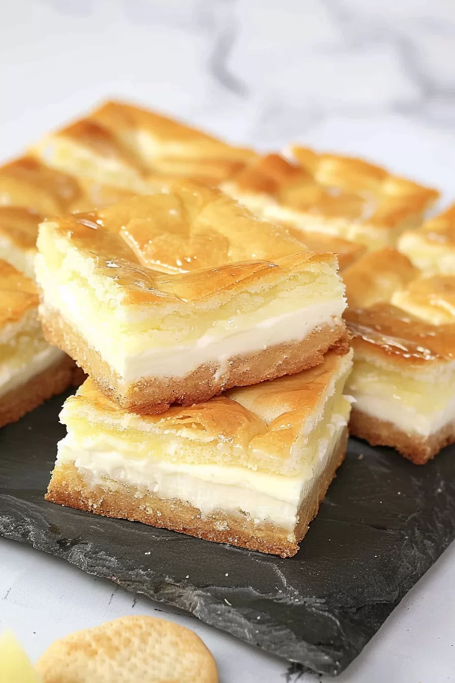 A close-up of golden-brown lemon cream cheese bars stacked on a dark serving platter, highlighting their creamy layers and flaky top.