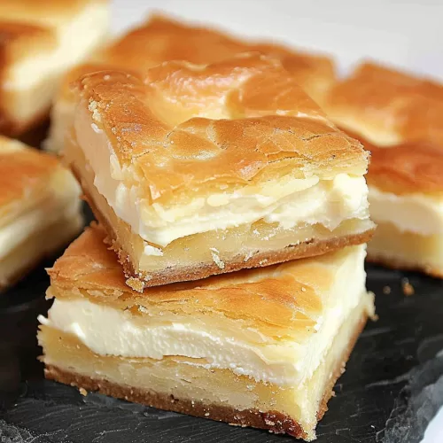 A plate of lemon cream cheese bars with a shiny glaze on top, arranged elegantly against a light marble background.