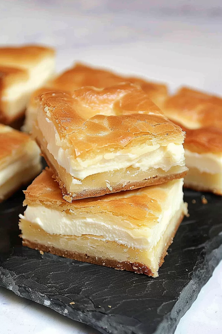 A plate of lemon cream cheese bars with a shiny glaze on top, arranged elegantly against a light marble background.