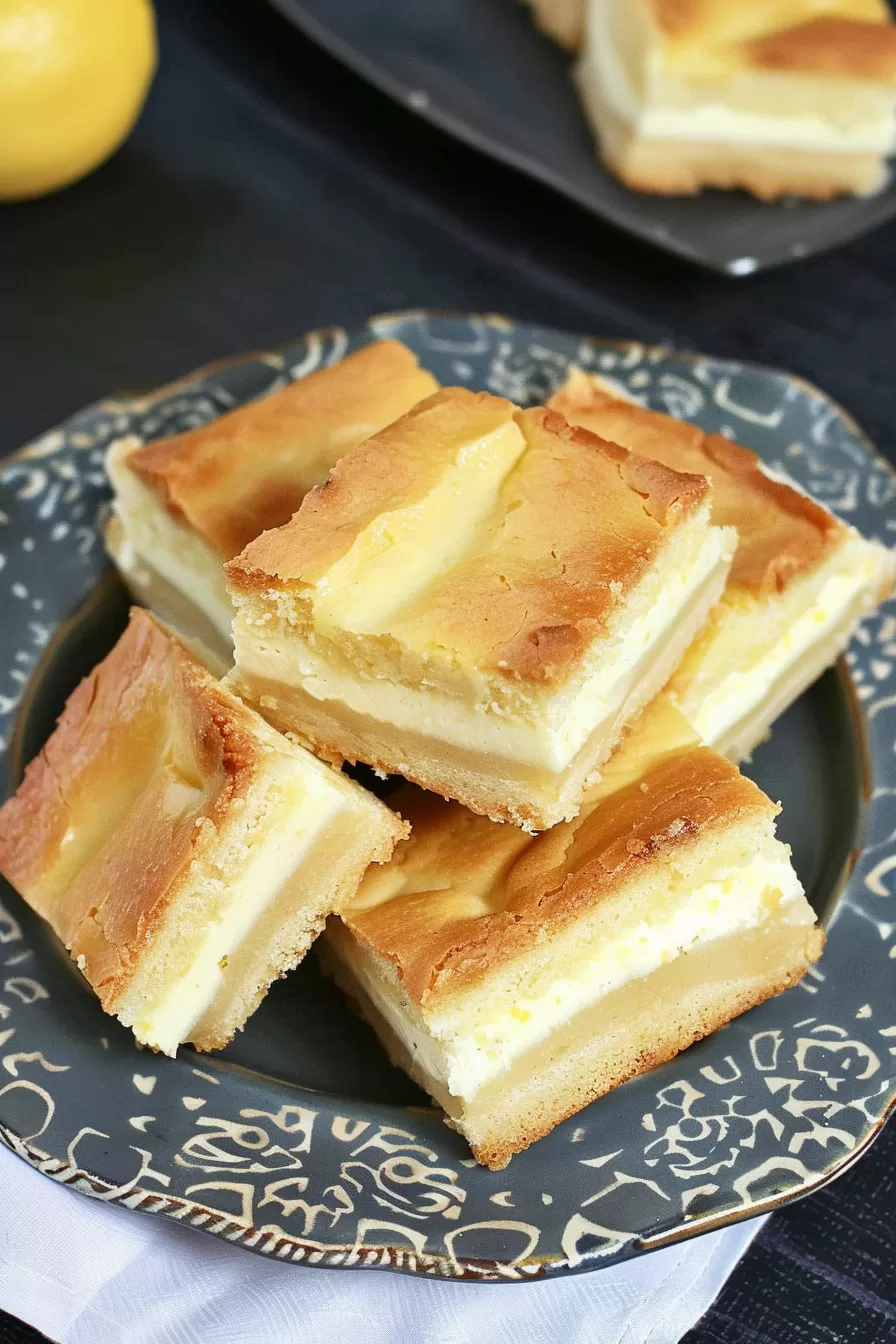 Freshly baked lemon cream cheese bars displayed on a decorative plate, their soft filling and golden top invitingly crisp.