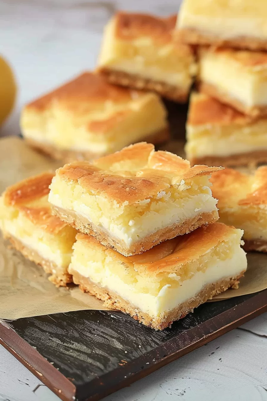 A stack of lemon cream cheese bars on a slate board, emphasizing the contrast between the creamy filling and the golden baked crust.