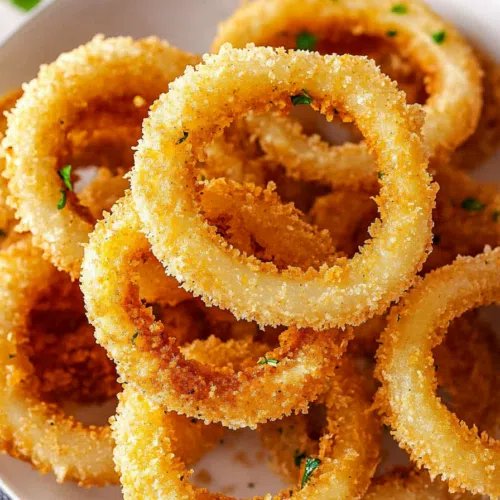 Close-up view of perfectly breaded onion rings garnished with fresh parsley, highlighting their crunchy texture.