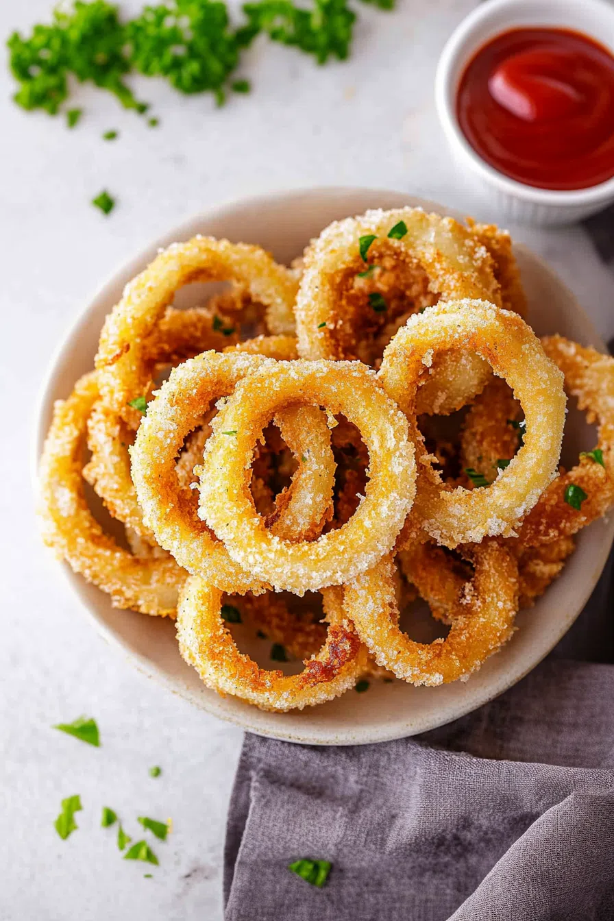 A plate stacked with air-fried onion rings, showing their light and crispy coating.