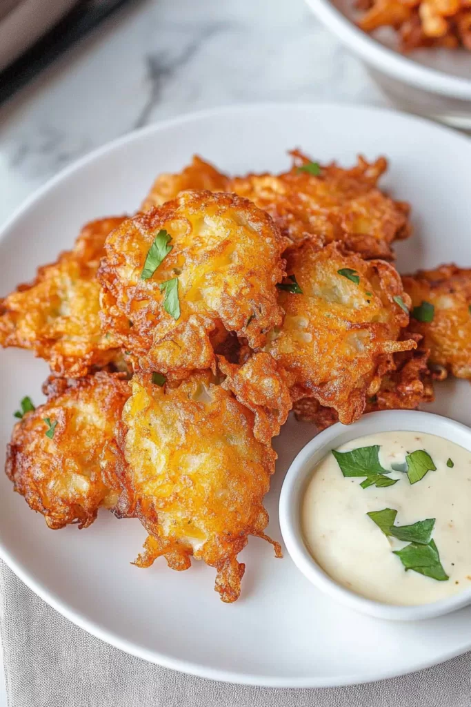 Golden-brown fritters served on a plate, ready to enjoy with dipping sauce.