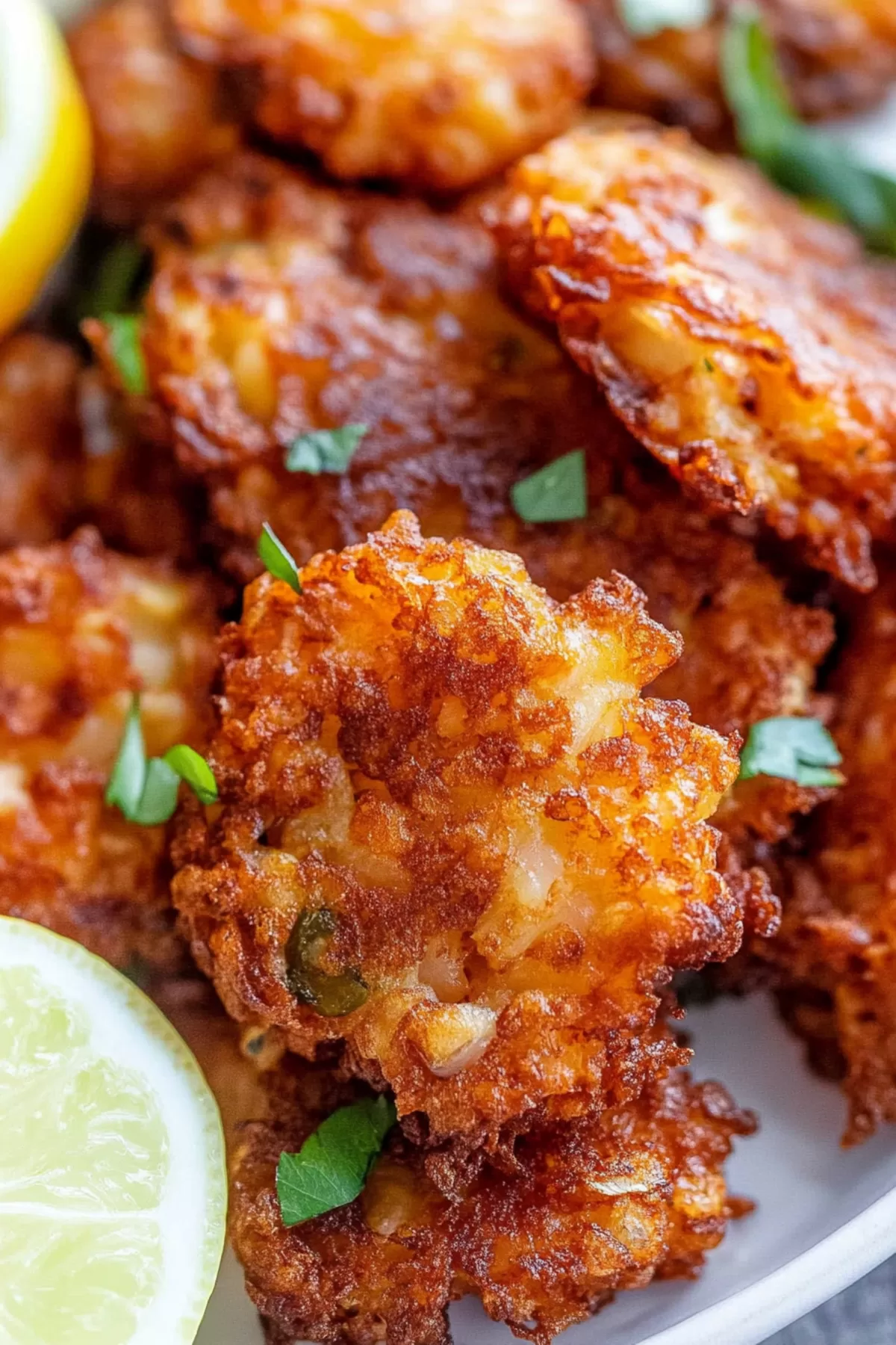 A stack of freshly fried fritters garnished with a sprinkle of fresh herbs.