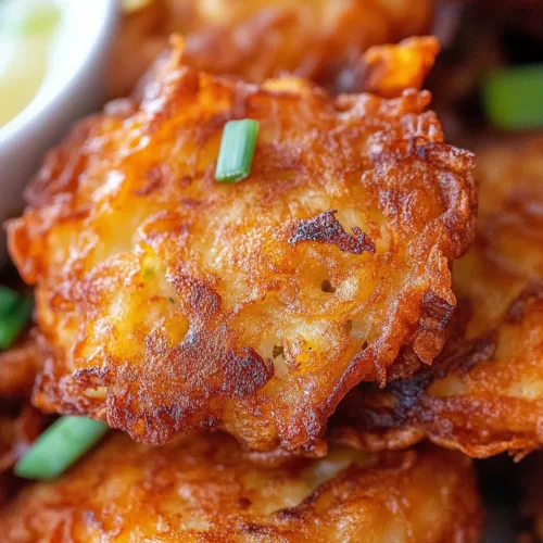 Close-up of crispy fritters with a perfectly fried, flaky texture.