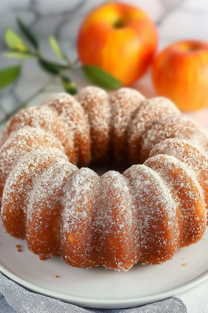 A freshly baked cake with a crisp cinnamon-sugar coating on top.