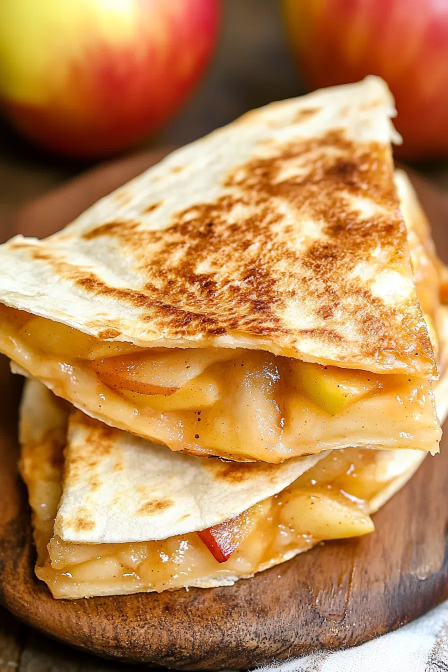 A golden-brown quesadilla filled with warm, spiced apple slices and drizzled with caramel sauce.