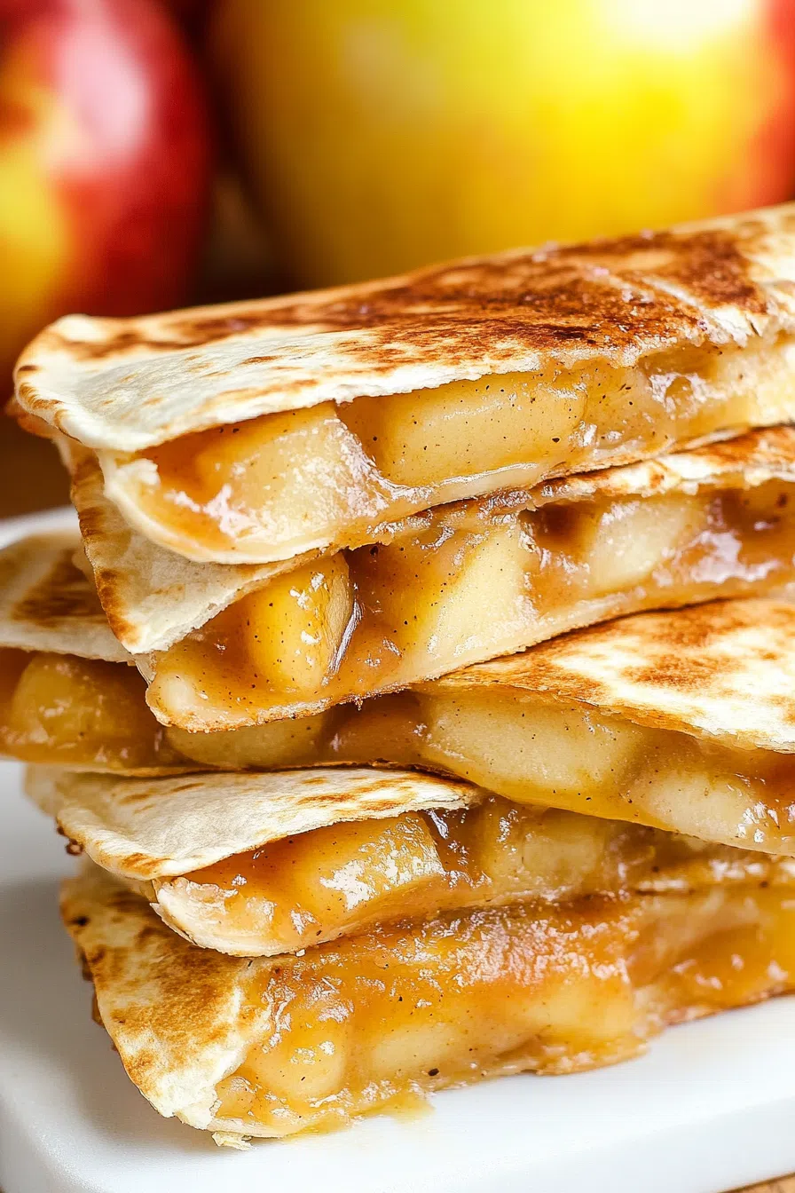 A beautifully presented apple pie quesadilla, garnished with a sprinkle of cinnamon and a slice of fresh apple.