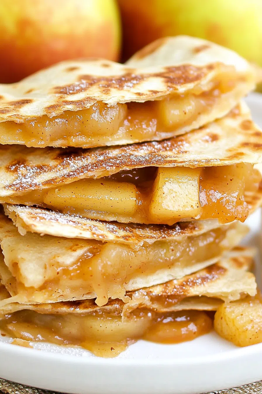 A close-up of a slice of apple pie quesadilla, showcasing the gooey apple filling.