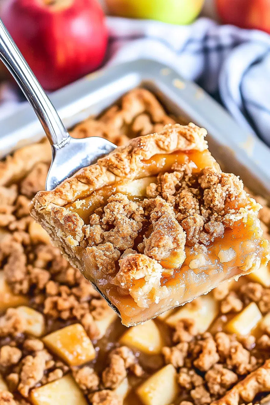 A fork lifting a piece of apple slab pie, showcasing its tender apple filling and flaky crust.