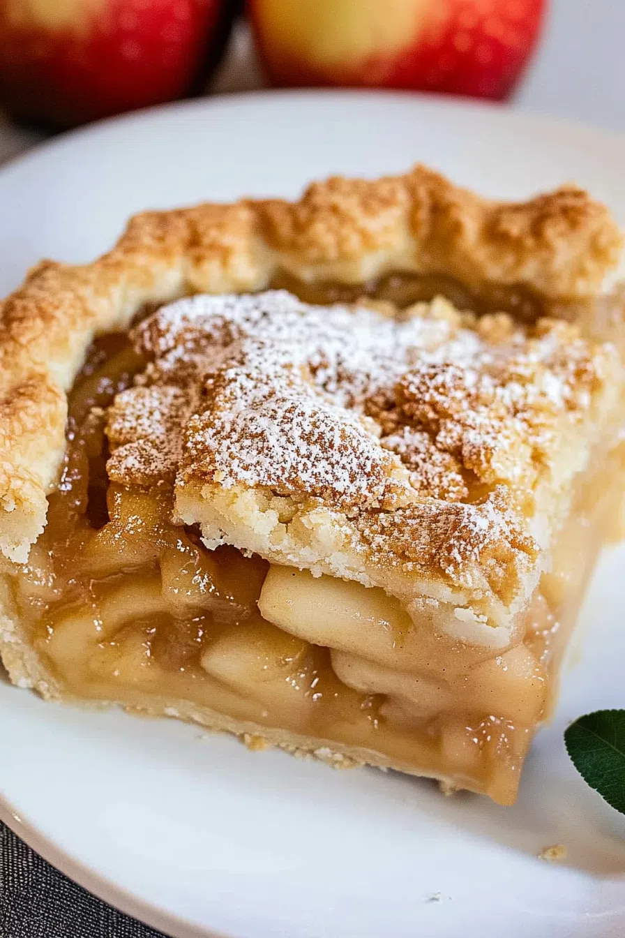 A single serving of apple slab pie on a white plate, garnished with a dollop of whipped cream.