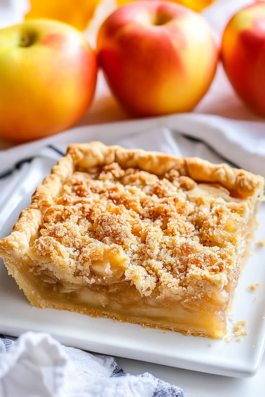 A slice of apple slab pie served on a plate, with fresh apples visible in the background.