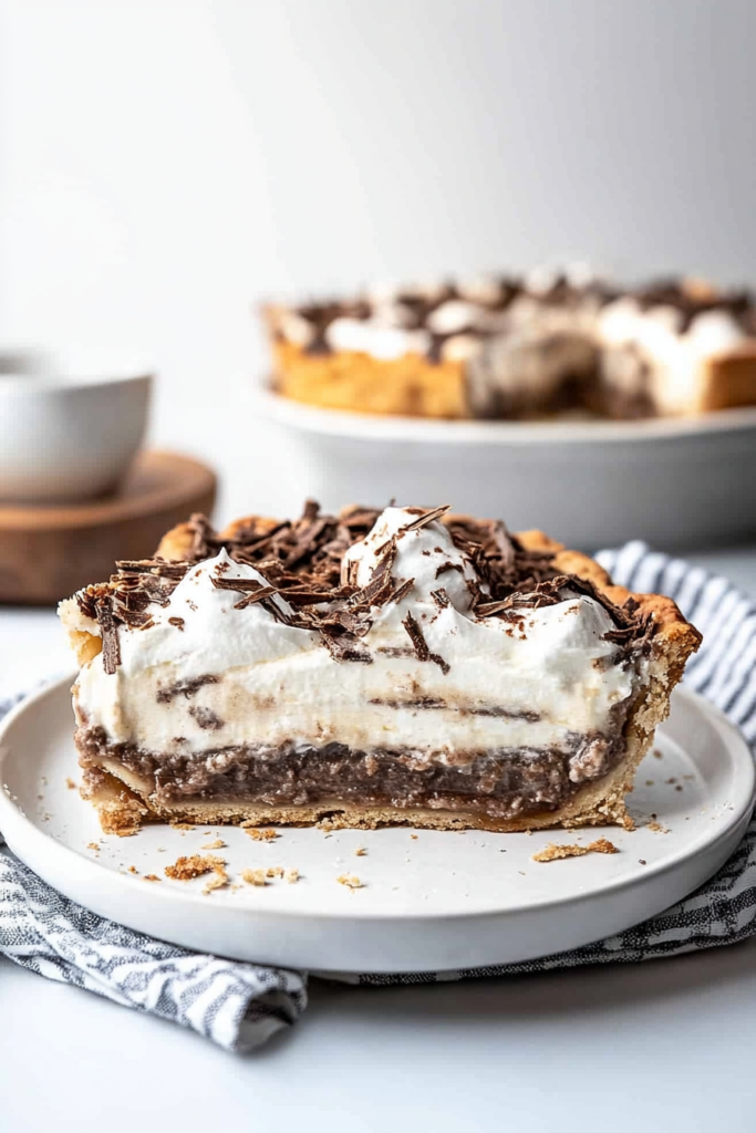 A slice of creamy pie with layers of chocolate and pecan filling, topped with whipped cream.