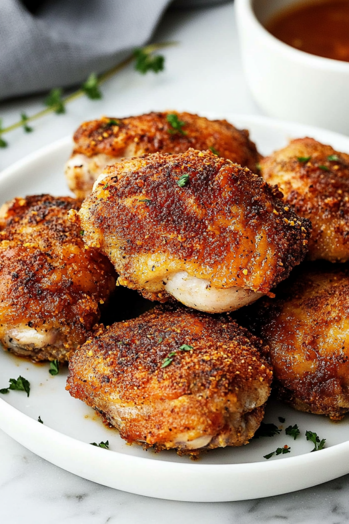 Close-up of golden-brown baked chicken thighs garnished with fresh parsley on a white plate.