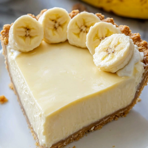 Overhead shot of the whole banana cream pie garnished with whipped cream swirls and fresh banana slices.