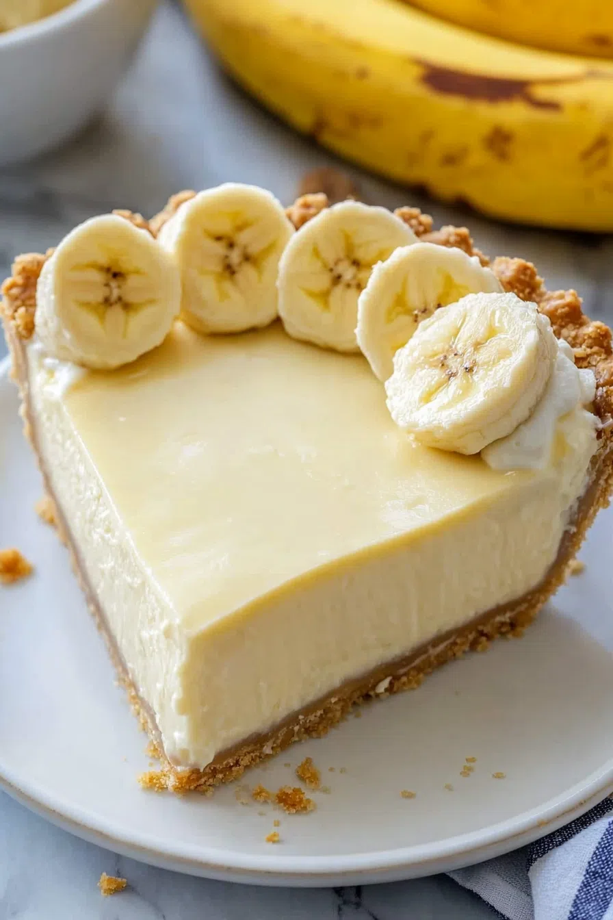 Overhead shot of the whole banana cream pie garnished with whipped cream swirls and fresh banana slices.