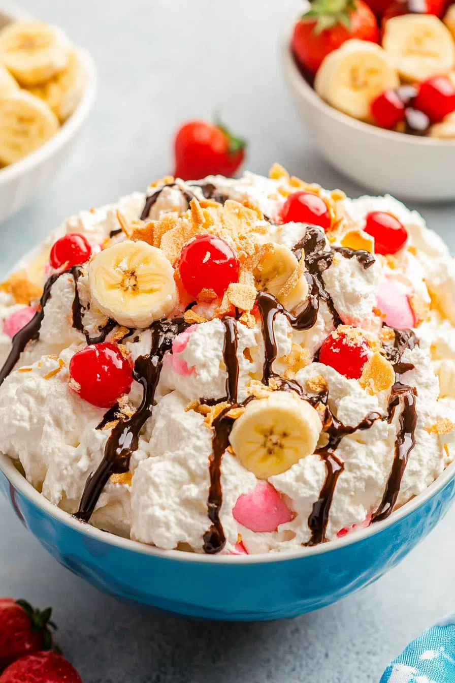 A creamy dessert topped with fresh strawberries, banana slices, and a drizzle of chocolate sauce, sprinkled with colorful toppings.