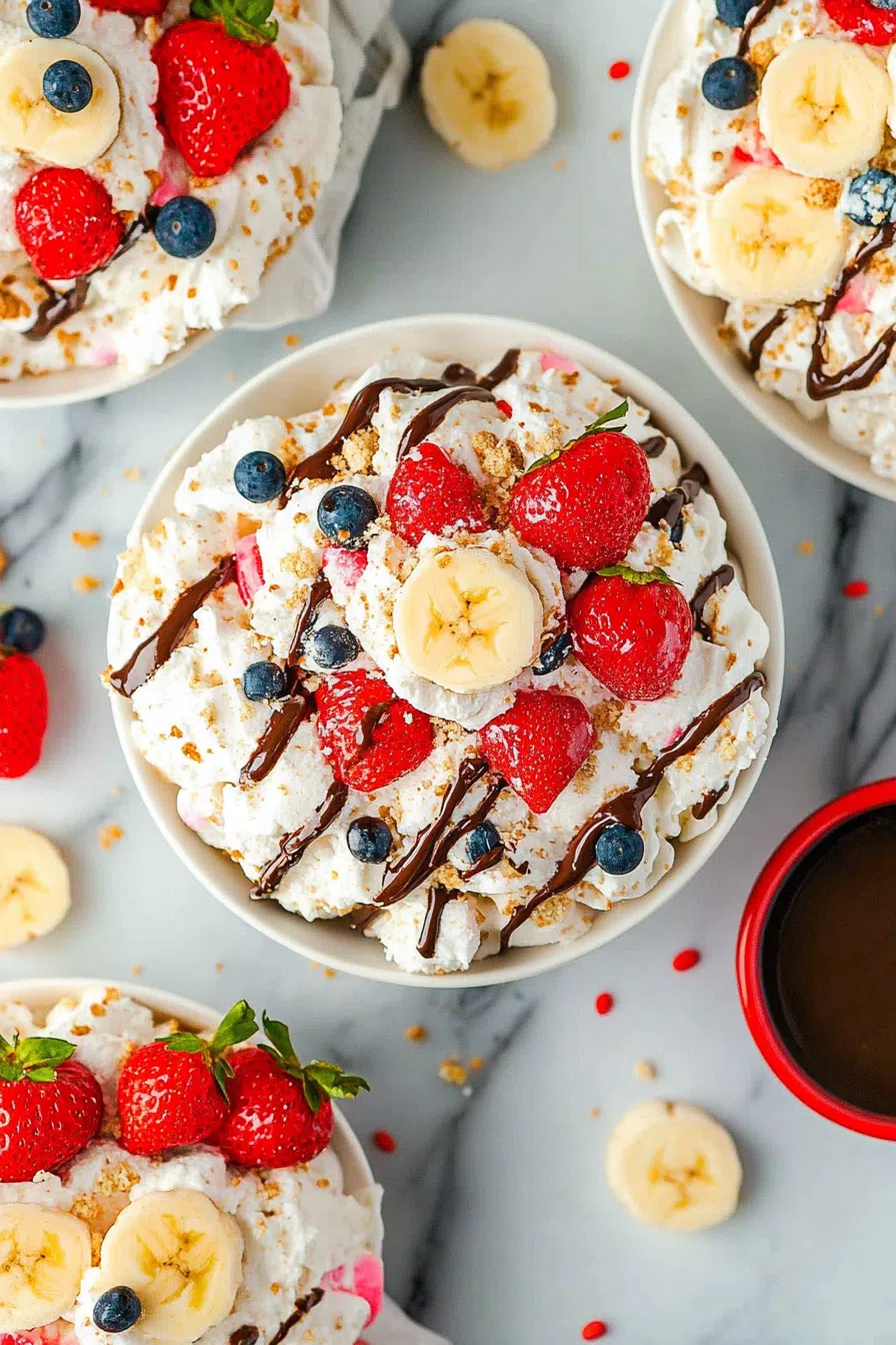 An overhead view of banana split fluff salad served in individual bowls, garnished with berries and chocolate drizzle.