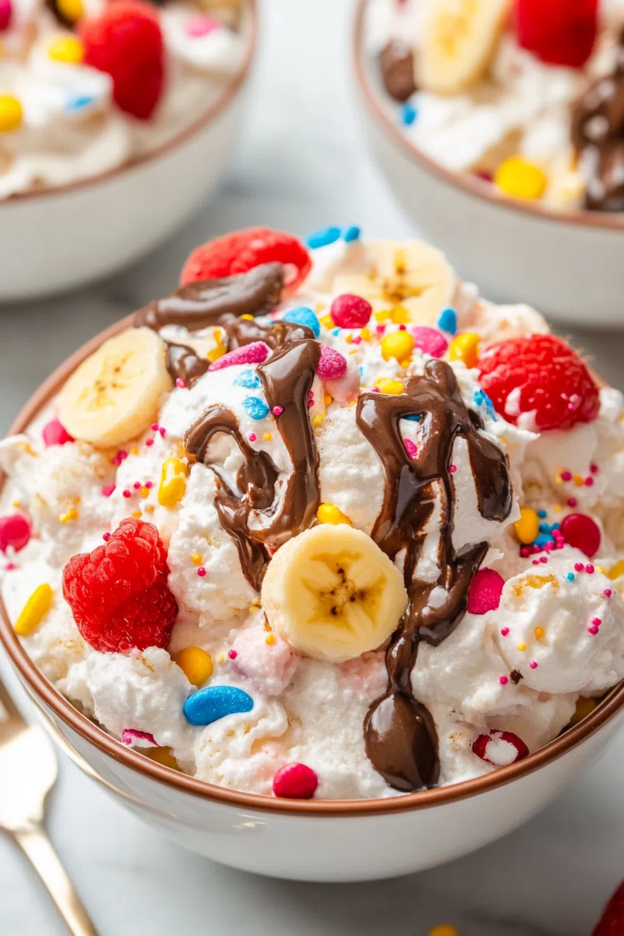 A delightful dessert salad highlighting layers of whipped cream, banana slices, and strawberries with vibrant sprinkles.