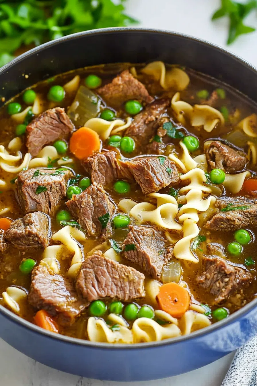 Close-up of the soup showing the rich broth, noodles, and chunks of beef.