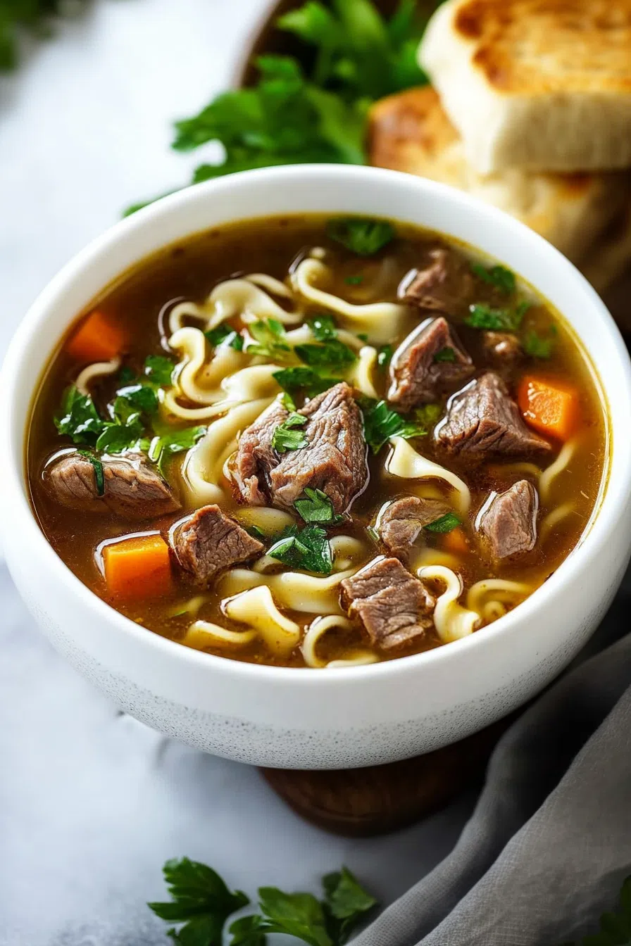 A bowl of steaming beef noodle soup with tender beef slices and vibrant vegetables.