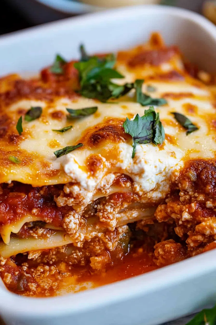 Close-up of a lasagna slice, highlighting the melted cheese and savory meat filling.