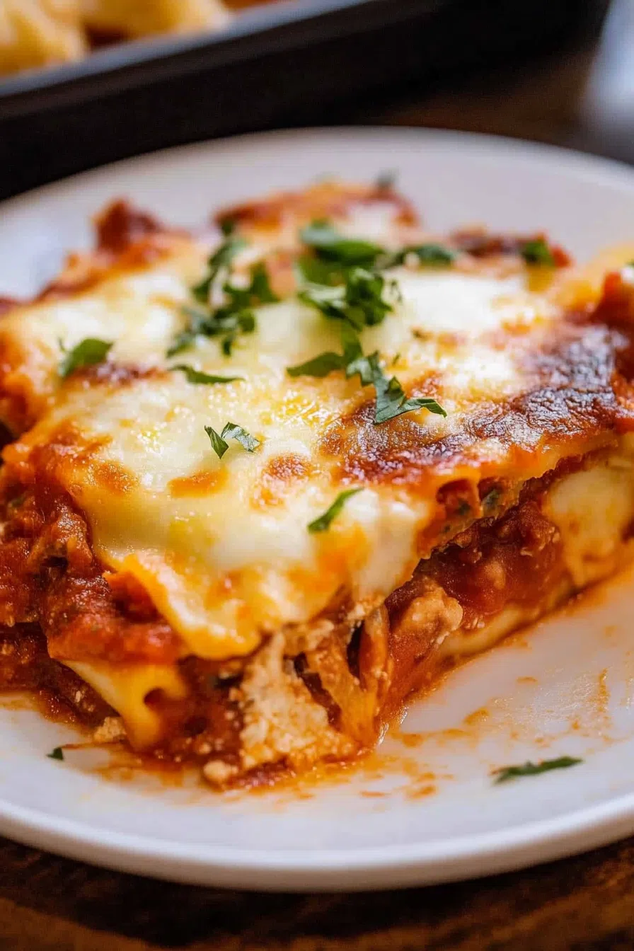 Side view of a whole lasagna in a baking dish, with golden-brown cheese bubbling on top.