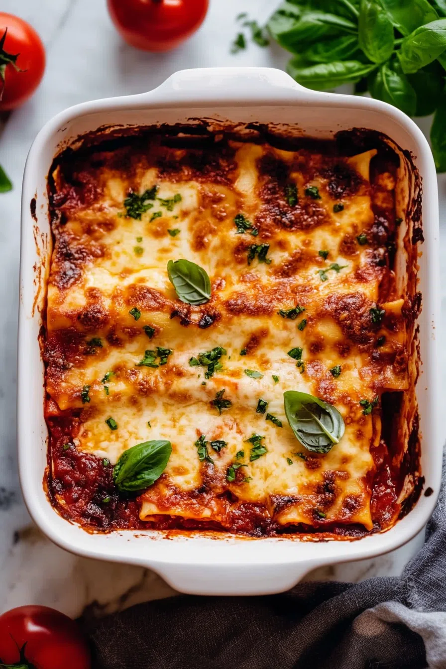 Top-down view of a freshly baked lasagna, with crispy edges and a rich tomato sauce.