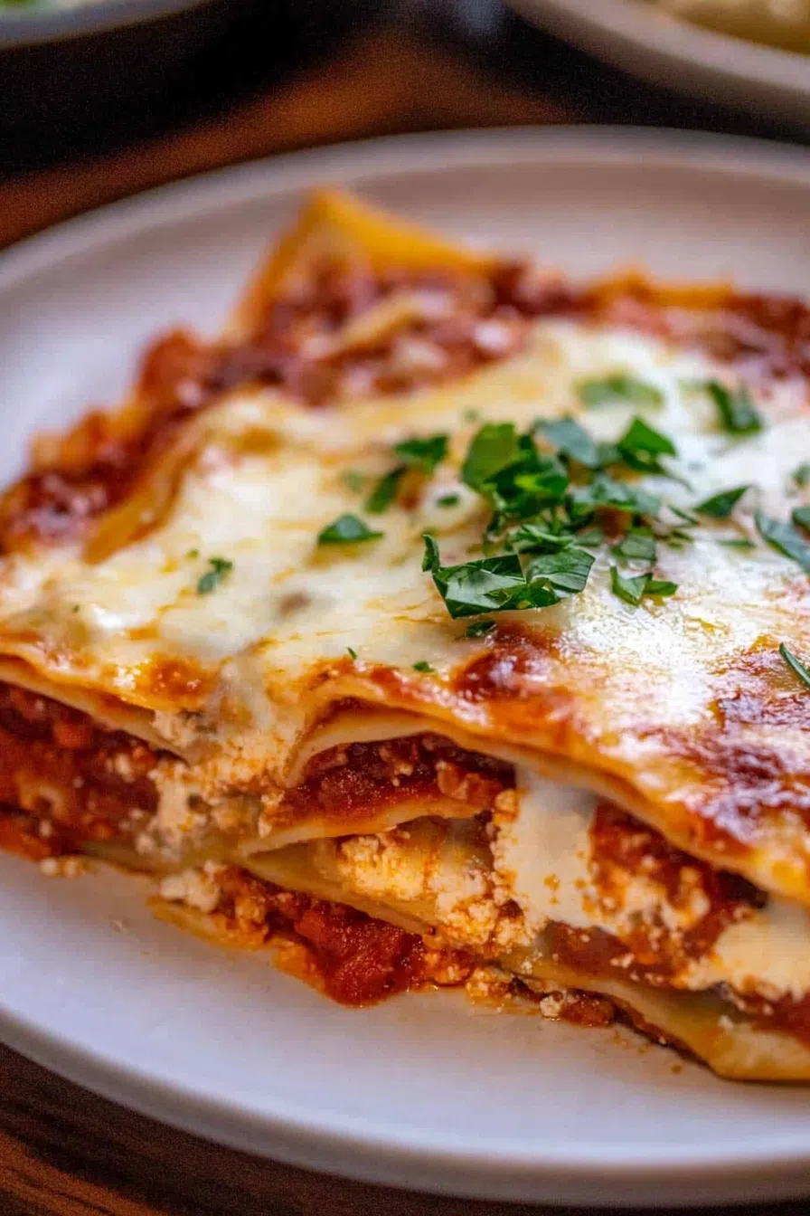Sliced lasagna showing hearty layers of sauce, cheese, and noodles.