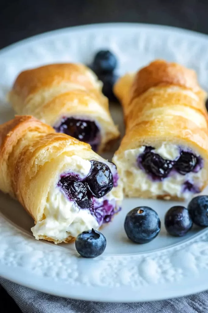 Golden rolls filled with creamy cheesecake and fresh blueberries, served on a rustic plate.