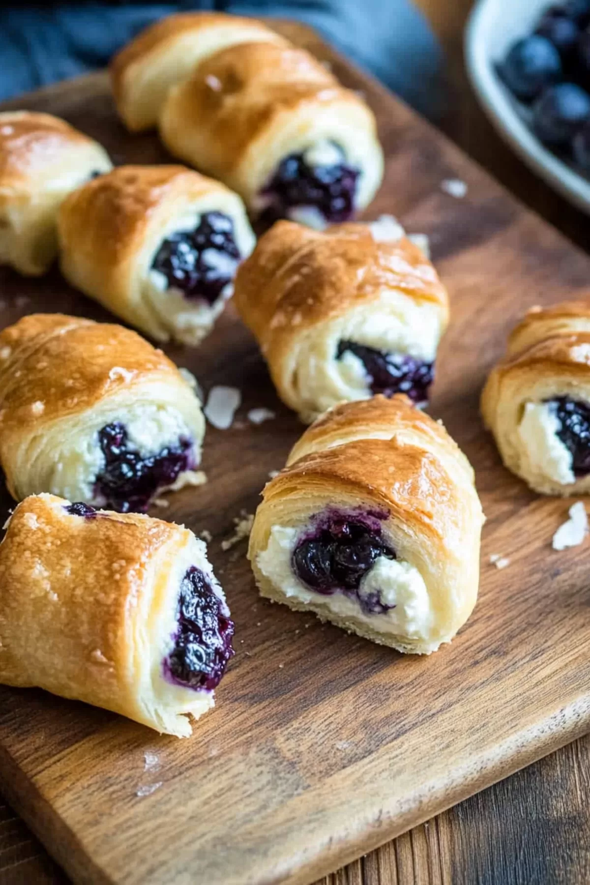 Close-up of a sliced roll revealing layers of cheesecake filling and juicy blueberries.