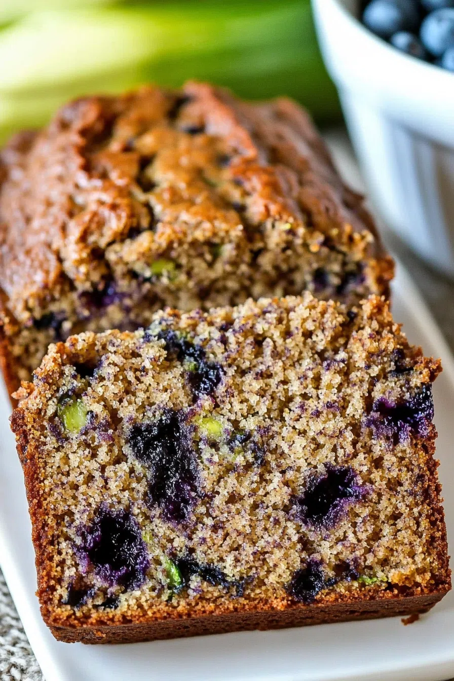 Top-down view of blueberry zucchini bread slices arranged on a plate, showcasing their tender texture and vibrant blueberry specks.