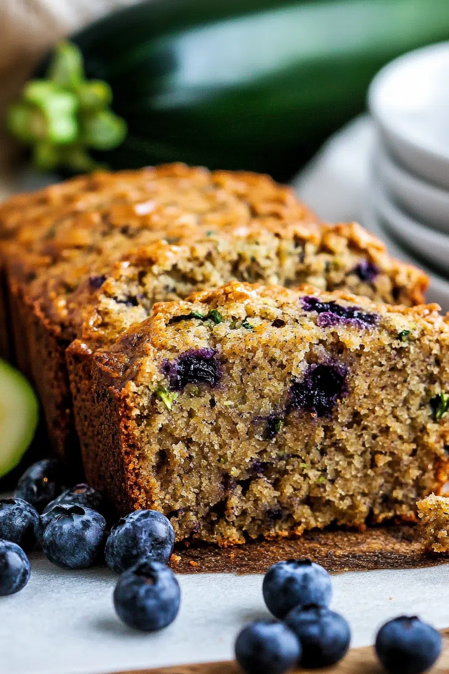 A whole blueberry zucchini bread loaf on a cooling rack, with a golden-brown crust.