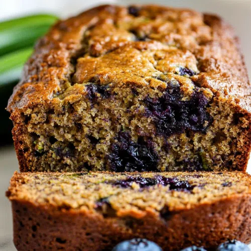 Close-up of a slice of blueberry zucchini bread, highlighting the juicy blueberries and flecks of zucchini.
