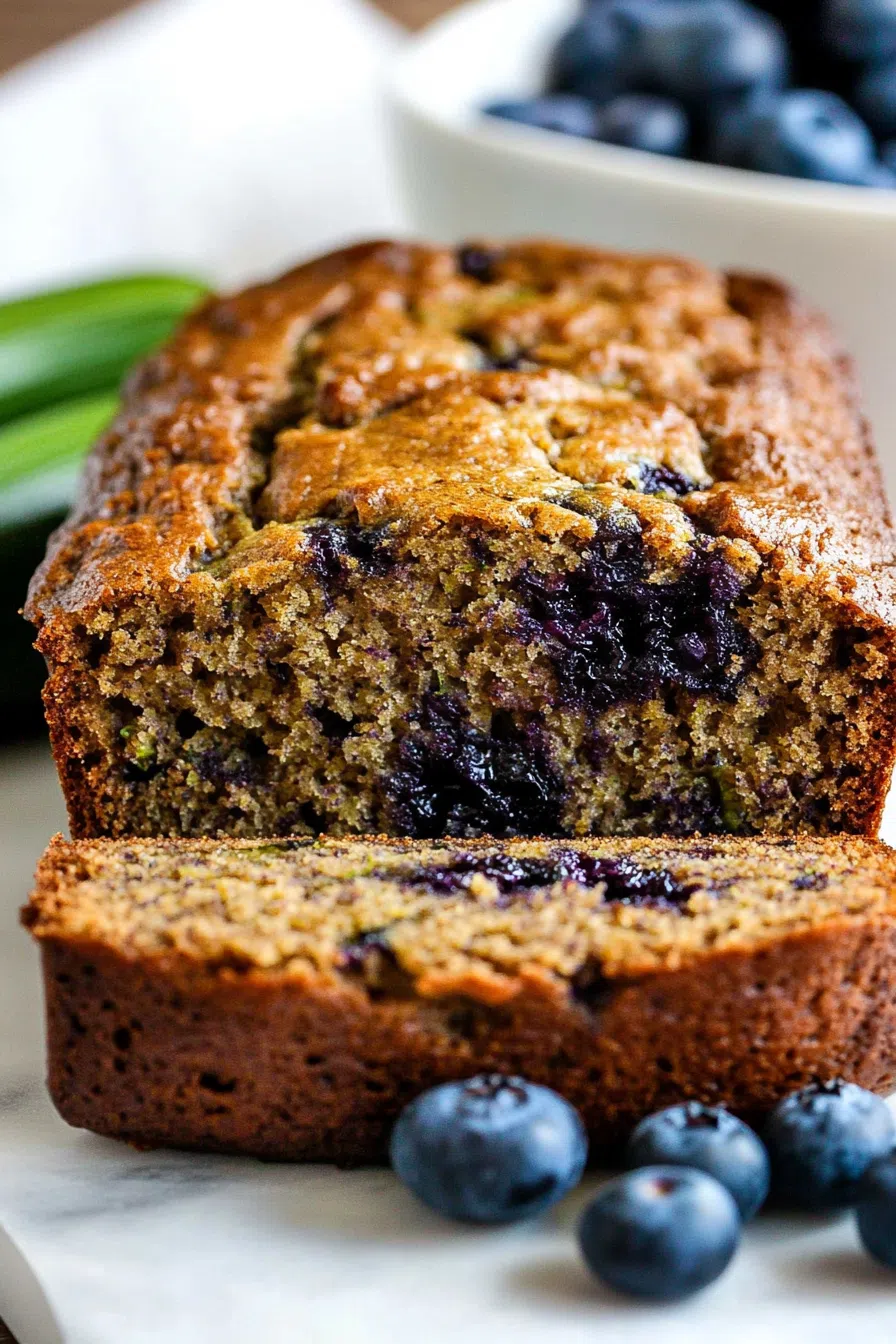 Close-up of a slice of blueberry zucchini bread, highlighting the juicy blueberries and flecks of zucchini.