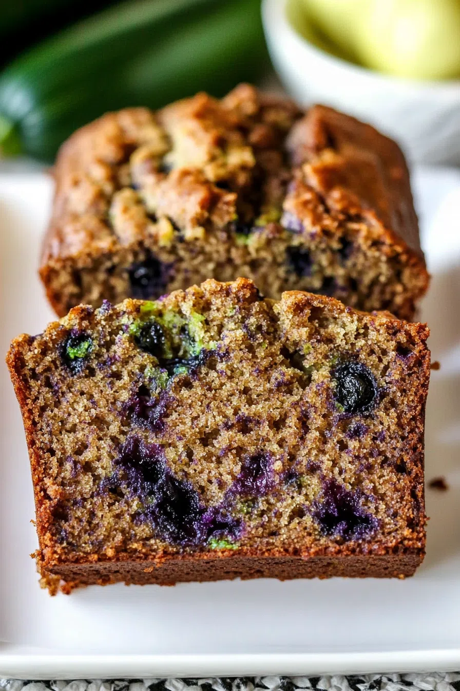 A freshly sliced loaf of blueberry zucchini bread on a cutting board, revealing the moist and colorful interior.