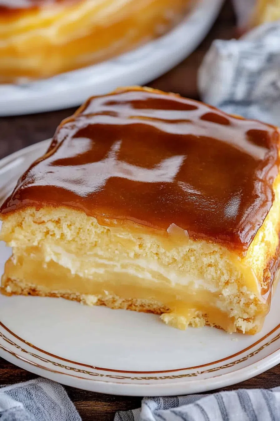 A close-up of a piece of cake topped with a shiny layer of chocolate ganache.