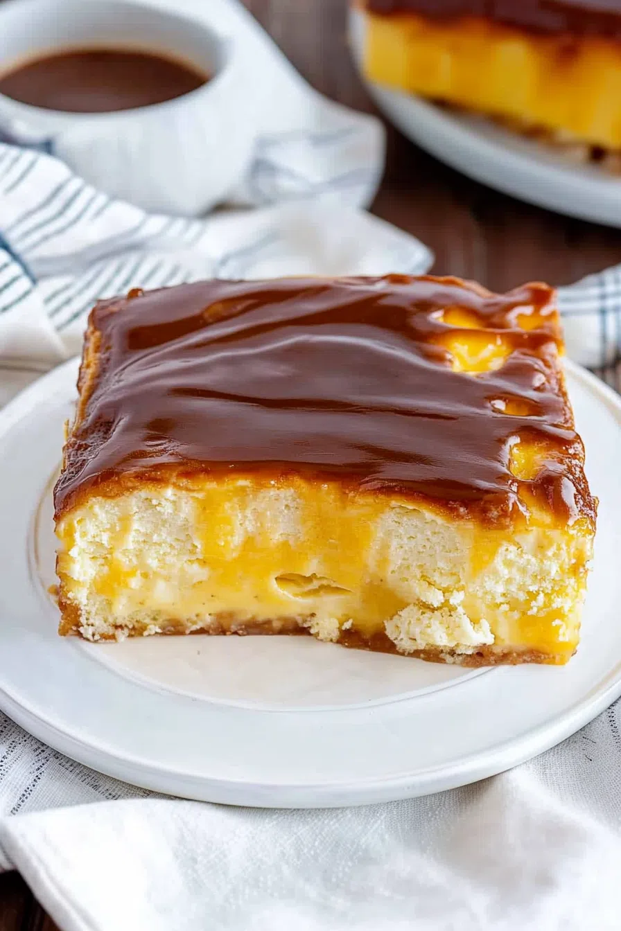 A slice of Boston cream poke cake showing its luscious layers of cream and chocolate.