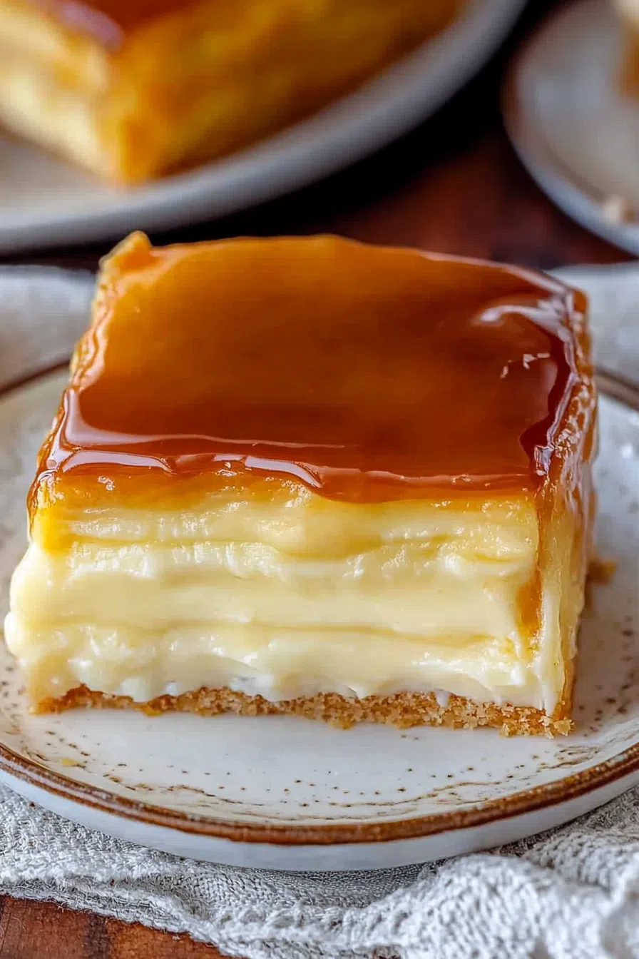 A deliciously moist Boston cream poke cake on a white plate, with creamy filling peeking through.