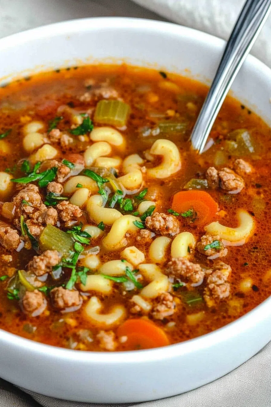 A steaming bowl of soup filled with colorful veggies and tender meat.