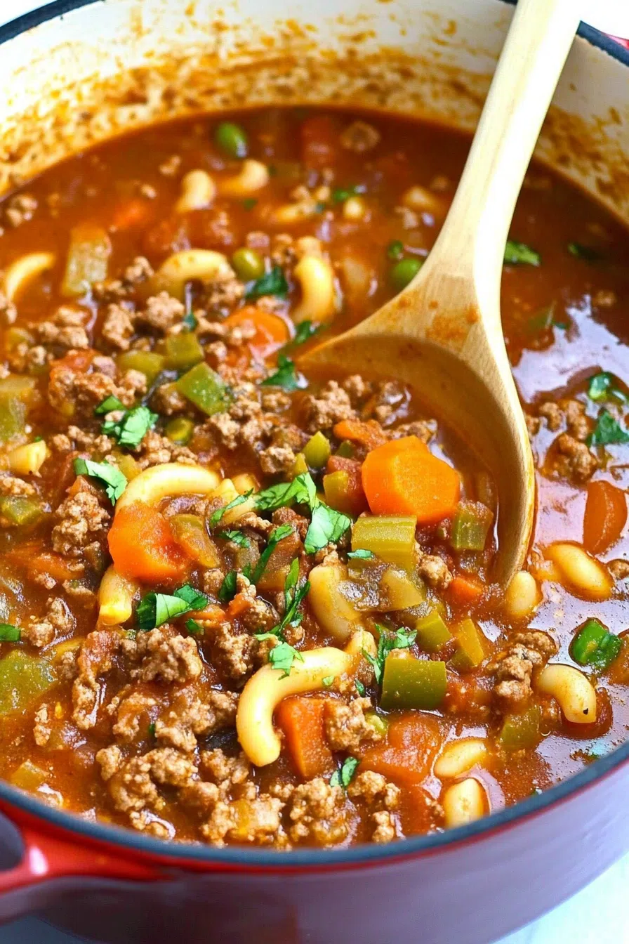 Close-up of a spoonful of hearty soup, showcasing the colorful medley of ingredients.