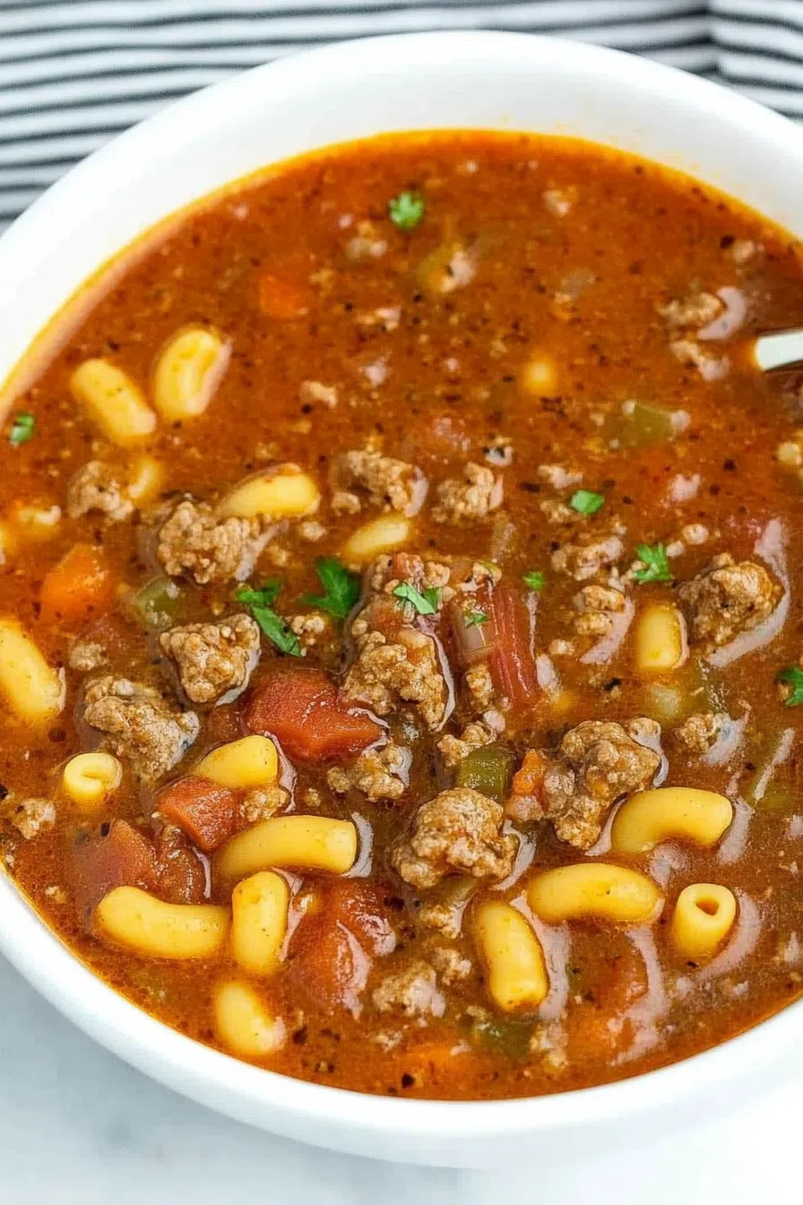 Top-down view of a pot of busy day soup, with steam rising and fresh herbs scattered on top.