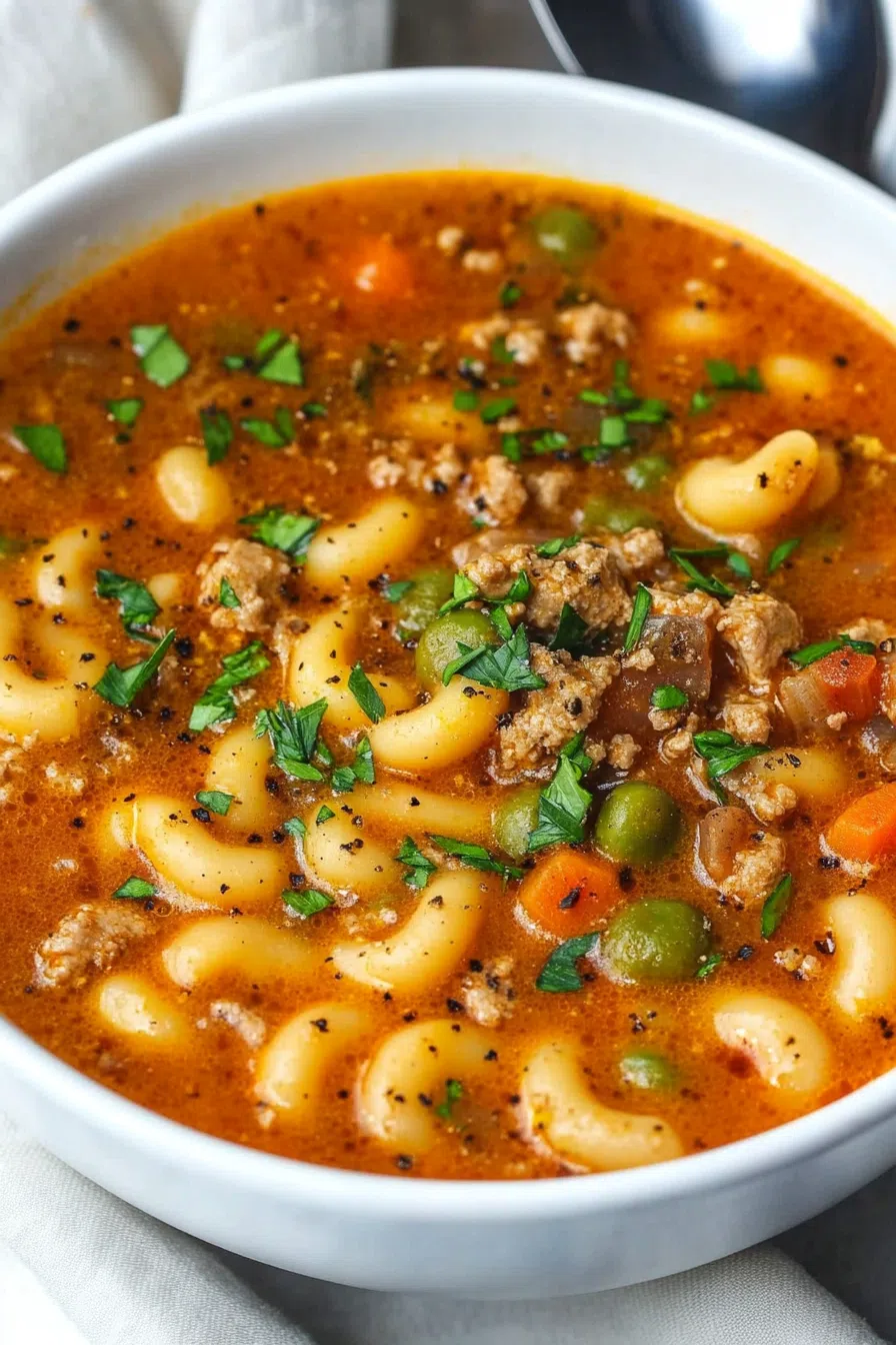 A comforting bowl of soup filled with chunky vegetables, pasta, and tender pieces of chicken.