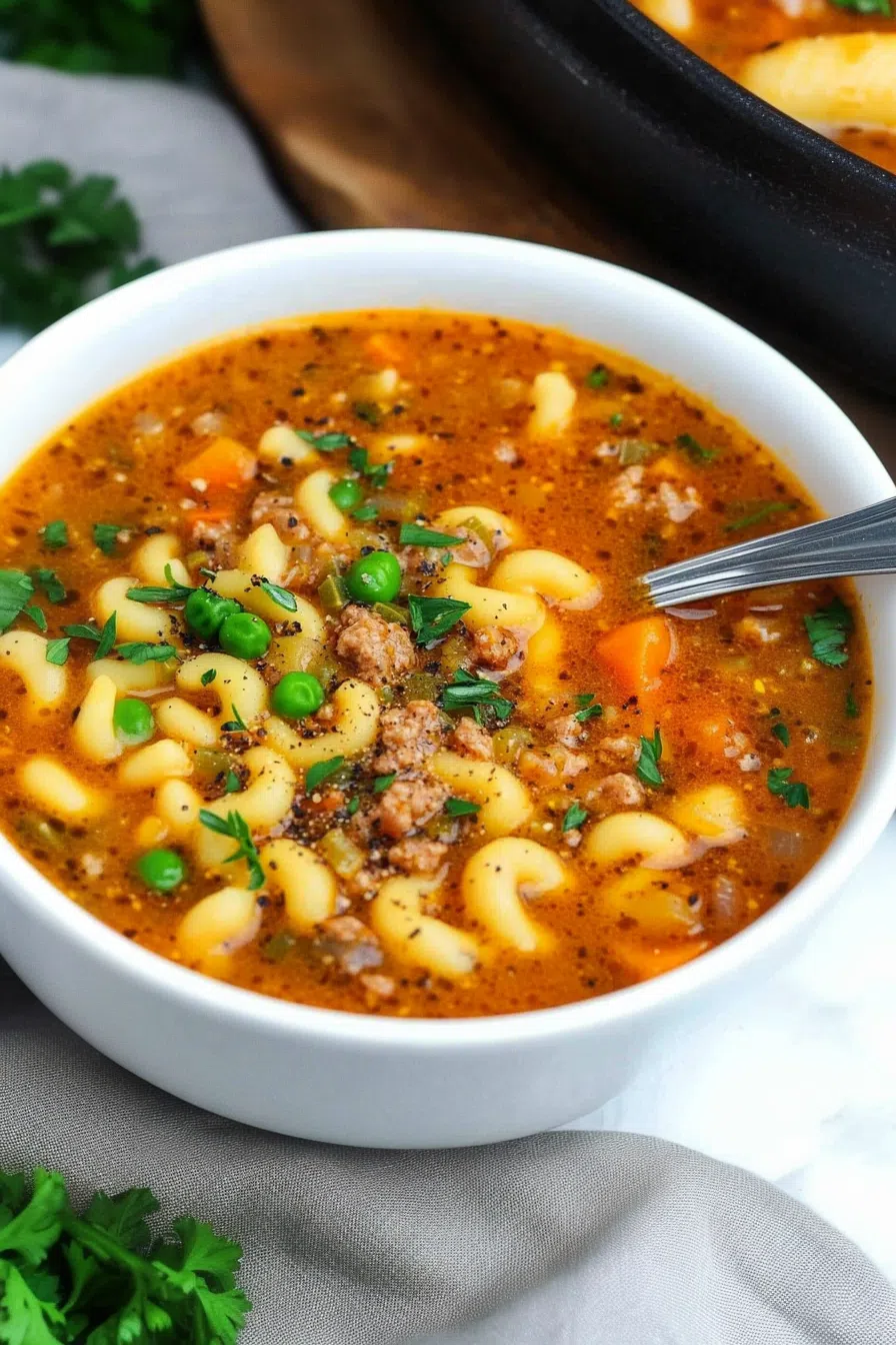 Side view of a bowl of busy day soup, highlighting the rich broth and diverse textures.