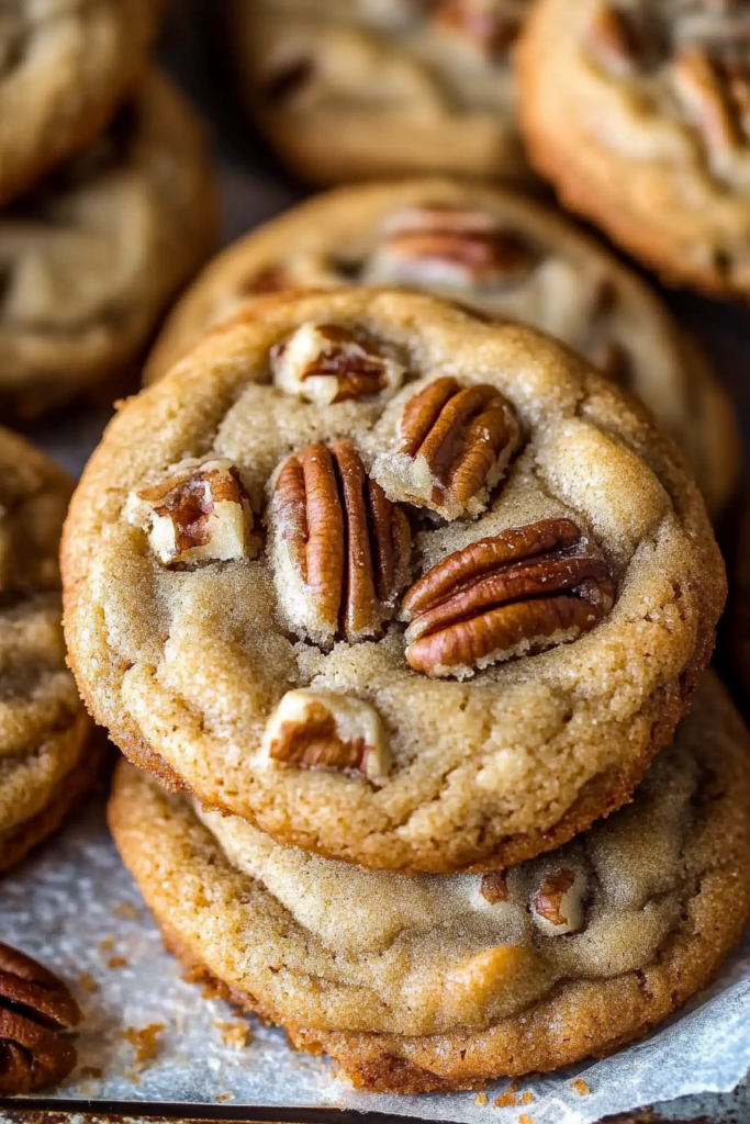 Close-up view of freshly baked cookies, highlighting the crispy edges and rich pecans.