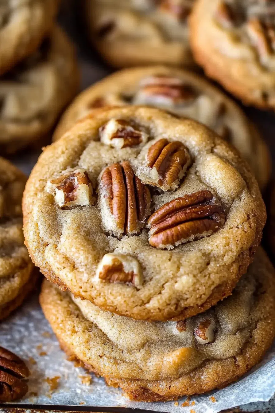 Close-up view of freshly baked cookies, highlighting the crispy edges and rich pecans.