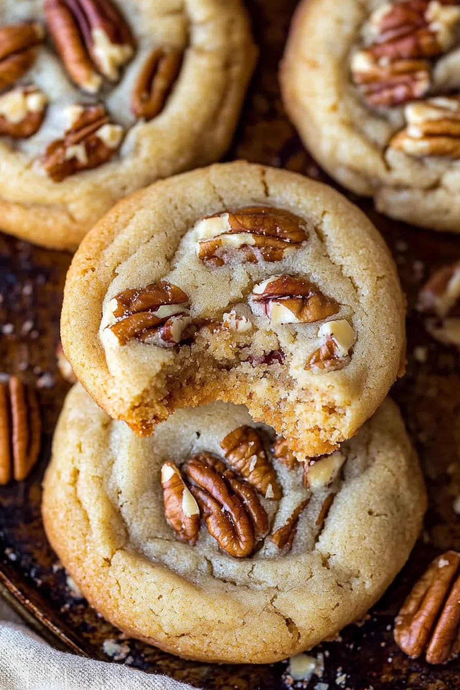 Cookies arranged on a plate with crumbs scattered around.