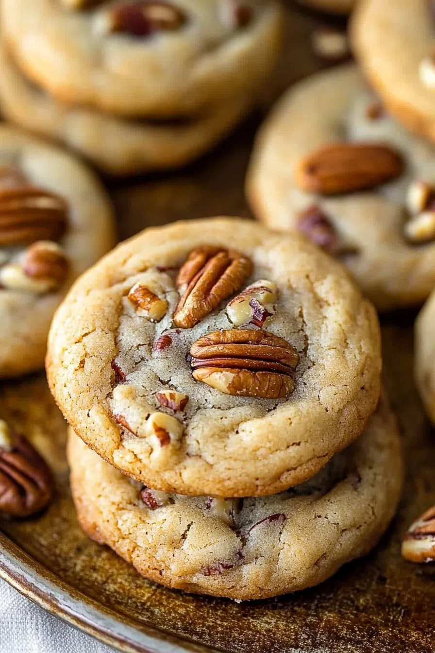 Side view of a stack of cookies, highlighting the layers of crunchy pecans and soft cookie.