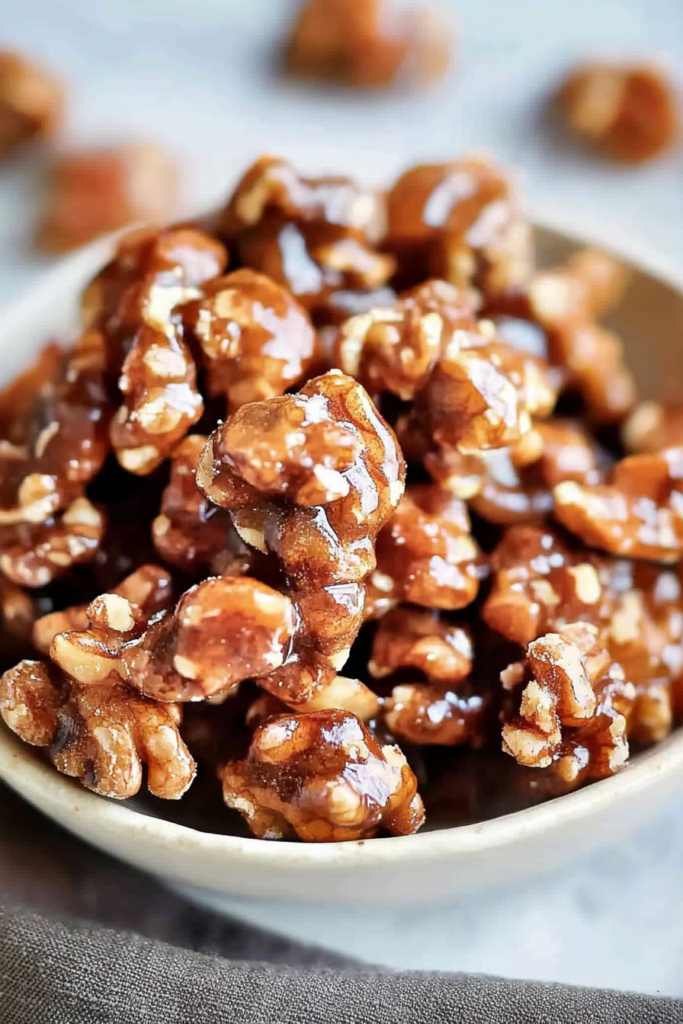Close-up of glossy candied walnuts in a bowl, showcasing their shiny caramel coating.